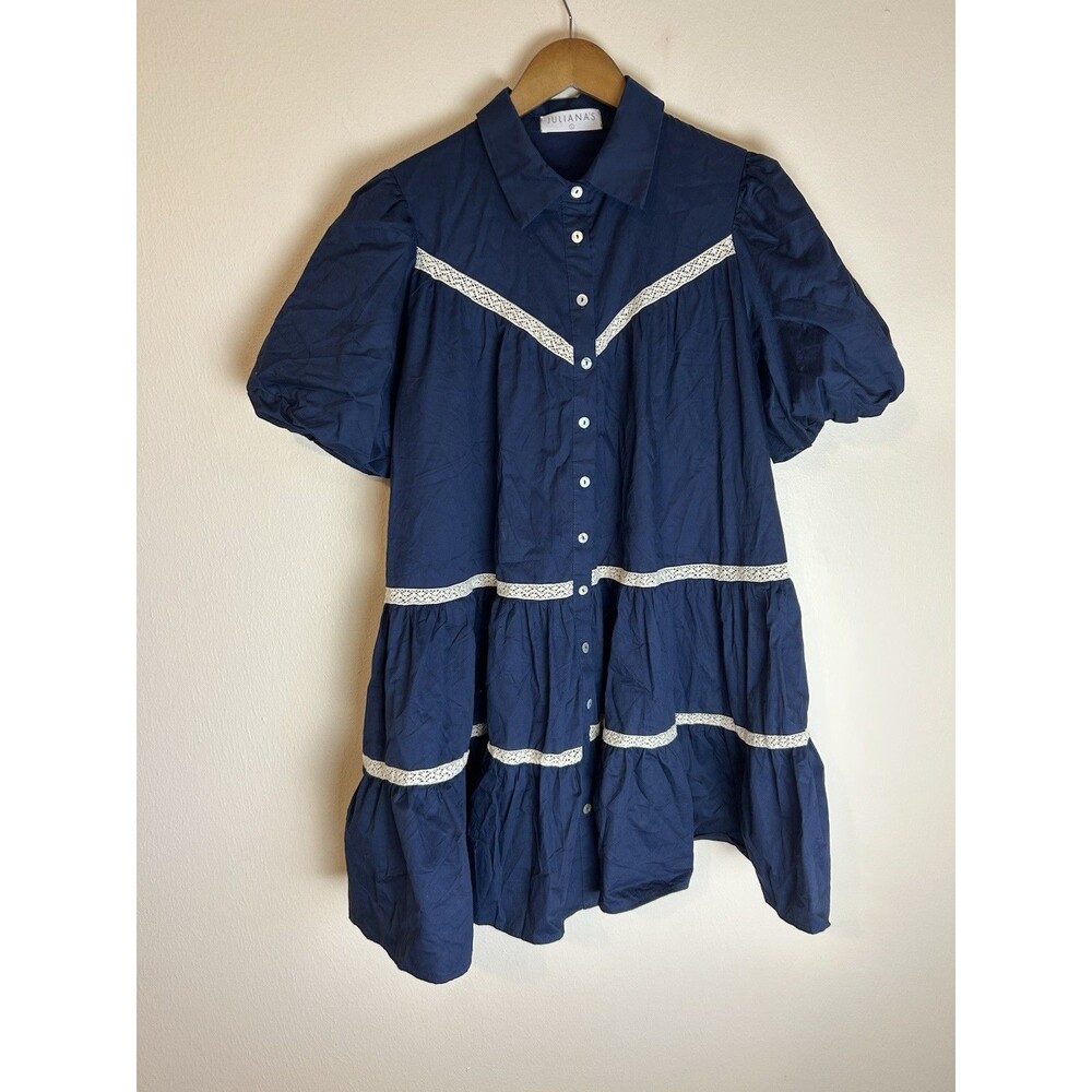 Boutique L Julie Dress Tiered Cottagecore Navy Mini Peplum Babydoll Lace Trim